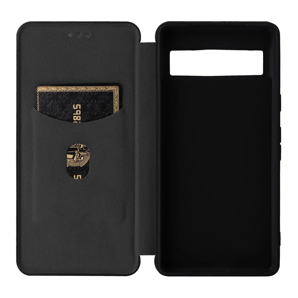 For Google Pixel 7a Carbon Fiber Texture Phone Case Card Slot PU Leather Magnetic Auto-absorbed Stand Cover - Black - 6