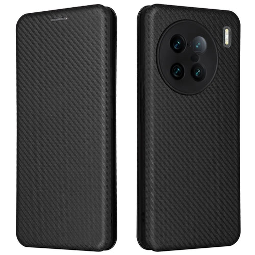 For vivo X90 Pro+ 5G Carbon Fiber Texture PU Leather Phone Stand Case Card Holder Magnetic Auto Closing Protective Cover - Black - 1