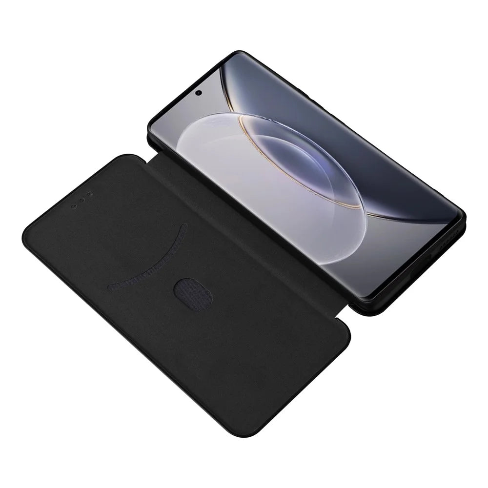 For vivo X90 Pro+ 5G Carbon Fiber Texture PU Leather Phone Stand Case Card Holder Magnetic Auto Closing Protective Cover - Black - 2