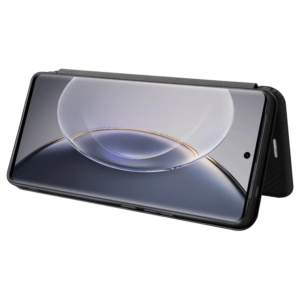For vivo X90 Pro+ 5G Carbon Fiber Texture PU Leather Phone Stand Case Card Holder Magnetic Auto Closing Protective Cover - Black - 3