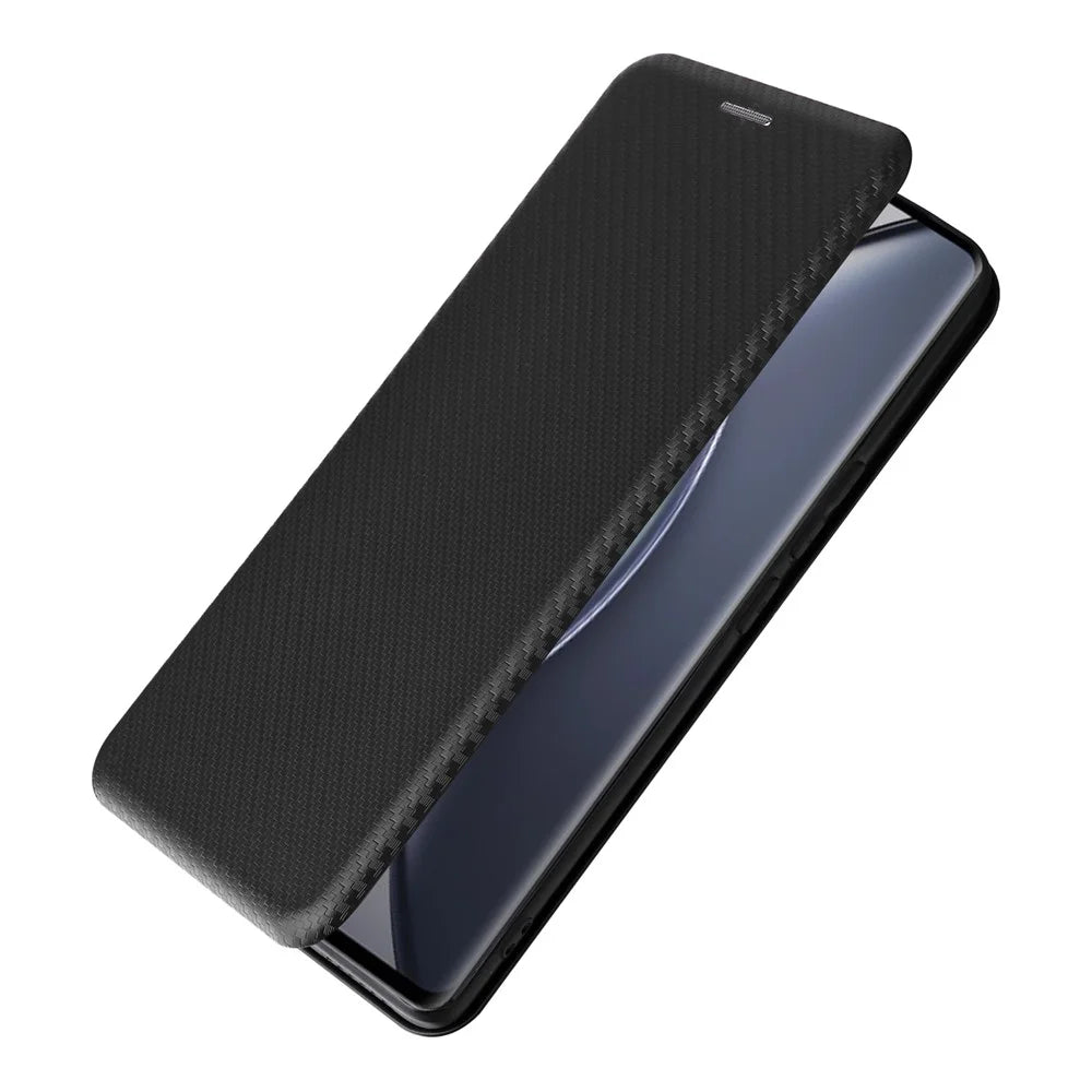 For vivo X90 Pro+ 5G Carbon Fiber Texture PU Leather Phone Stand Case Card Holder Magnetic Auto Closing Protective Cover - Black - 5