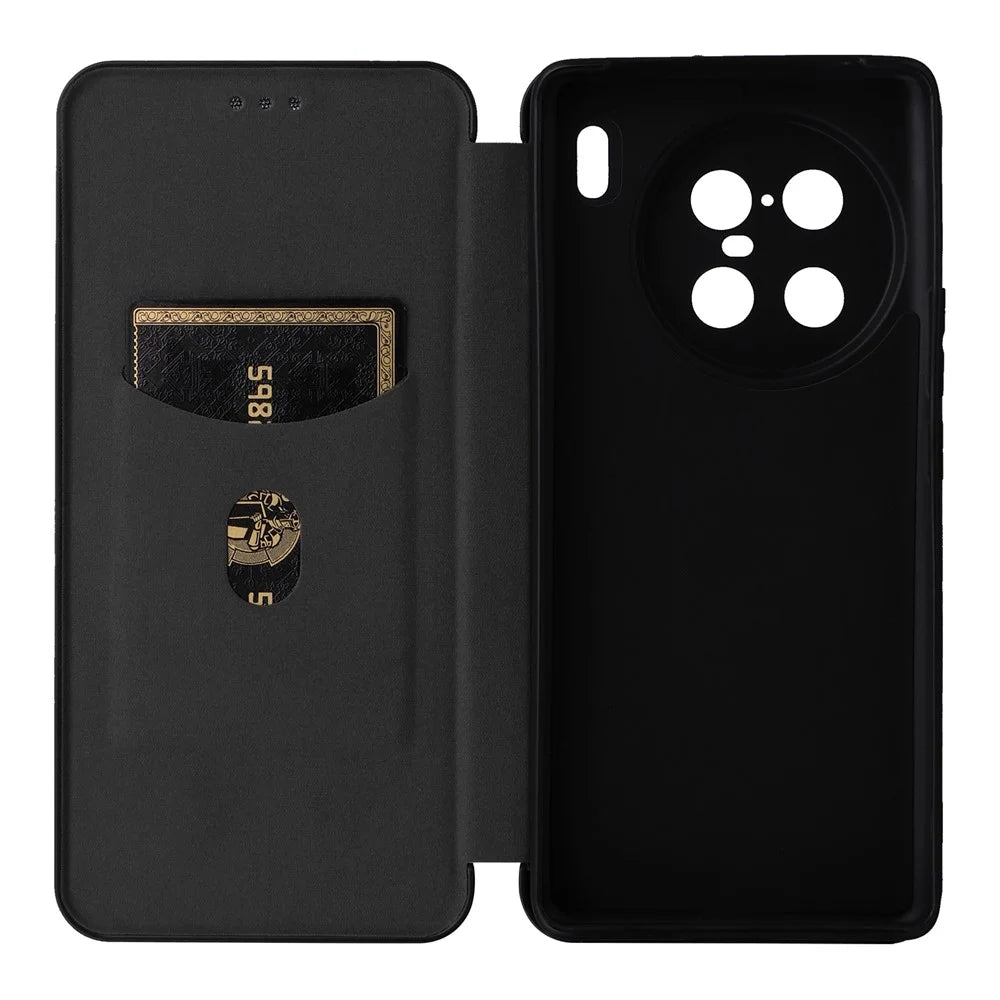 For vivo X90 Pro+ 5G Carbon Fiber Texture PU Leather Phone Stand Case Card Holder Magnetic Auto Closing Protective Cover - Black - 6