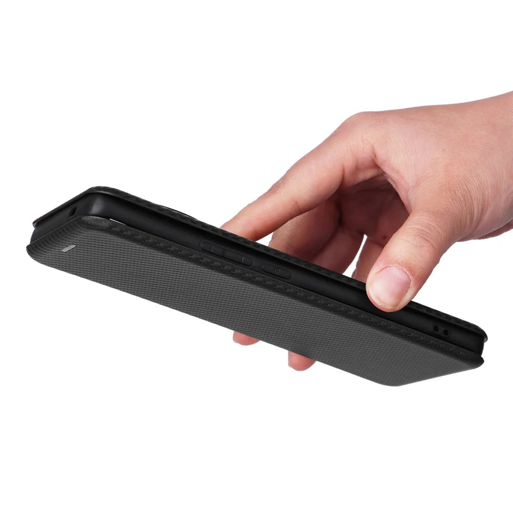 For vivo X90 Pro+ 5G Carbon Fiber Texture PU Leather Phone Stand Case Card Holder Magnetic Auto Closing Protective Cover - Black - 7
