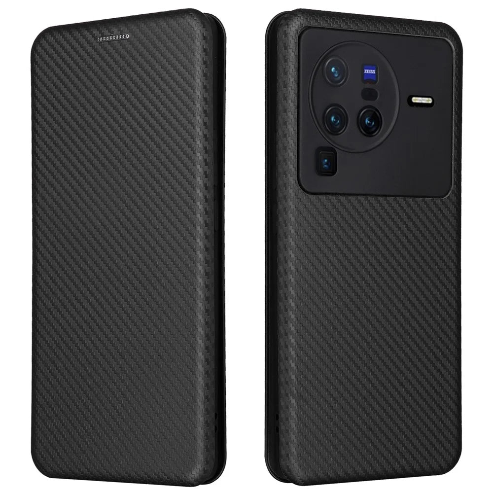 For vivo X80 Pro 5G Carbon Fiber Texture PU Leather Stand Case Magnetic Auto-absorbed Folio Flip Phone Cover with Card Holder - Black - 1