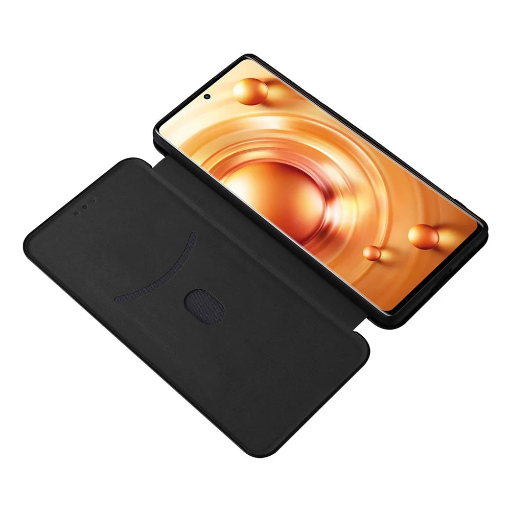 For vivo X80 Pro 5G Carbon Fiber Texture PU Leather Stand Case Magnetic Auto-absorbed Folio Flip Phone Cover with Card Holder - Black - 2