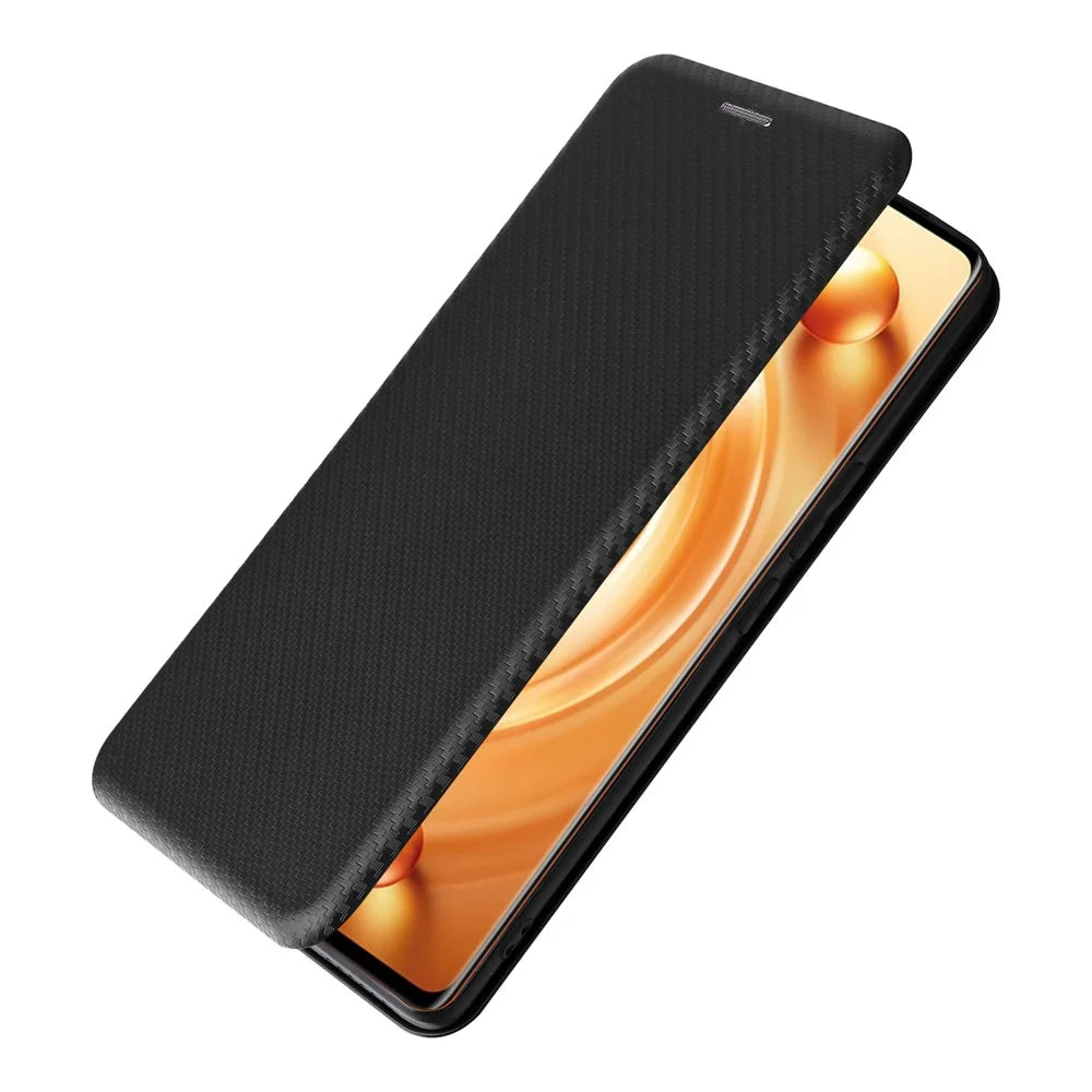 For vivo X80 Pro 5G Carbon Fiber Texture PU Leather Stand Case Magnetic Auto-absorbed Folio Flip Phone Cover with Card Holder - Black - 5