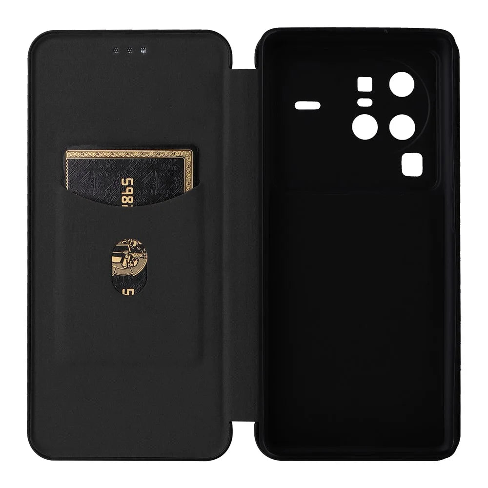 For vivo X80 Pro 5G Carbon Fiber Texture PU Leather Stand Case Magnetic Auto-absorbed Folio Flip Phone Cover with Card Holder - Black - 6