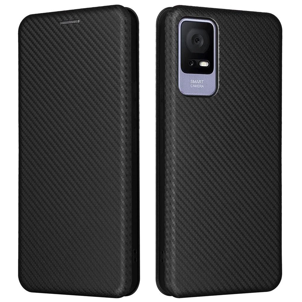 Card Slot Phone Case for TCL 405, Carbon Fiber Texture Magnetic Auto-absorbed PU Leather Full Protection Stand Cover - Black - 1