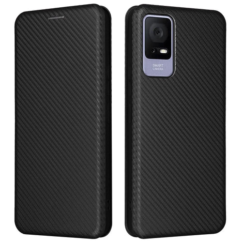 Card Slot Phone Case for TCL 405, Carbon Fiber Texture Magnetic Auto-absorbed PU Leather Full Protection Stand Cover - Black - 1