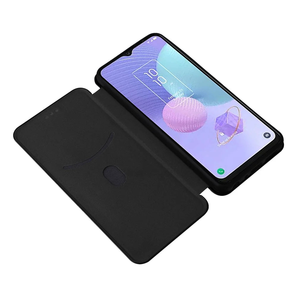 Card Slot Phone Case for TCL 405, Carbon Fiber Texture Magnetic Auto-absorbed PU Leather Full Protection Stand Cover - Black - 2