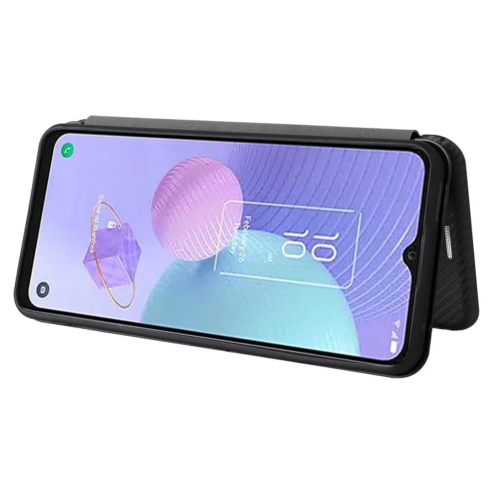 Card Slot Phone Case for TCL 405, Carbon Fiber Texture Magnetic Auto-absorbed PU Leather Full Protection Stand Cover - Black - 3