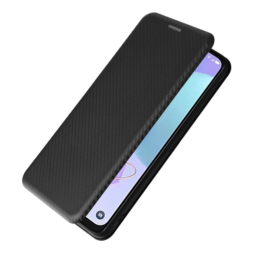 Card Slot Phone Case for TCL 405, Carbon Fiber Texture Magnetic Auto-absorbed PU Leather Full Protection Stand Cover - Black - 5