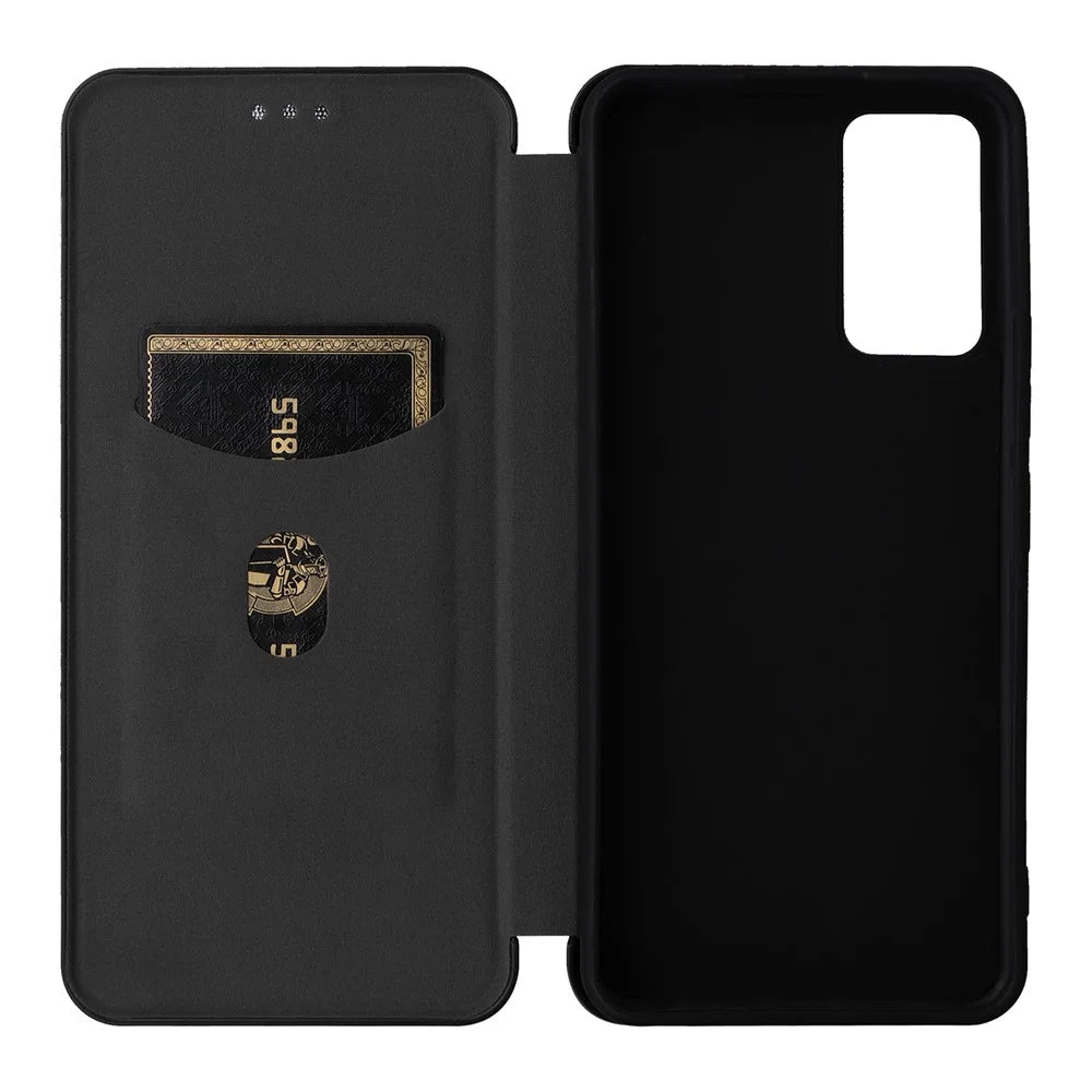 Card Slot Phone Case for TCL 405, Carbon Fiber Texture Magnetic Auto-absorbed PU Leather Full Protection Stand Cover - Black - 6