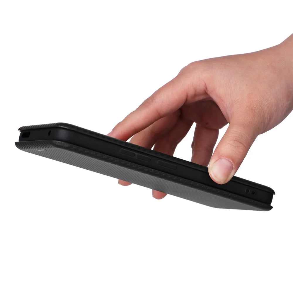 Card Slot Phone Case for TCL 405, Carbon Fiber Texture Magnetic Auto-absorbed PU Leather Full Protection Stand Cover - Black - 7