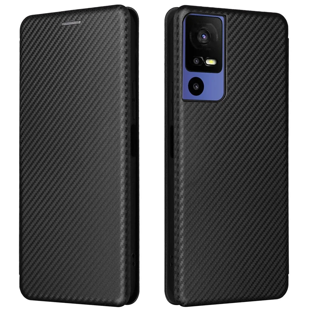 For TCL 40 SE Card Holder Carbon Fiber Texture PU Leather Case Magnetic Auto-absorbed Stand Cell Phone Cover - Black - 1