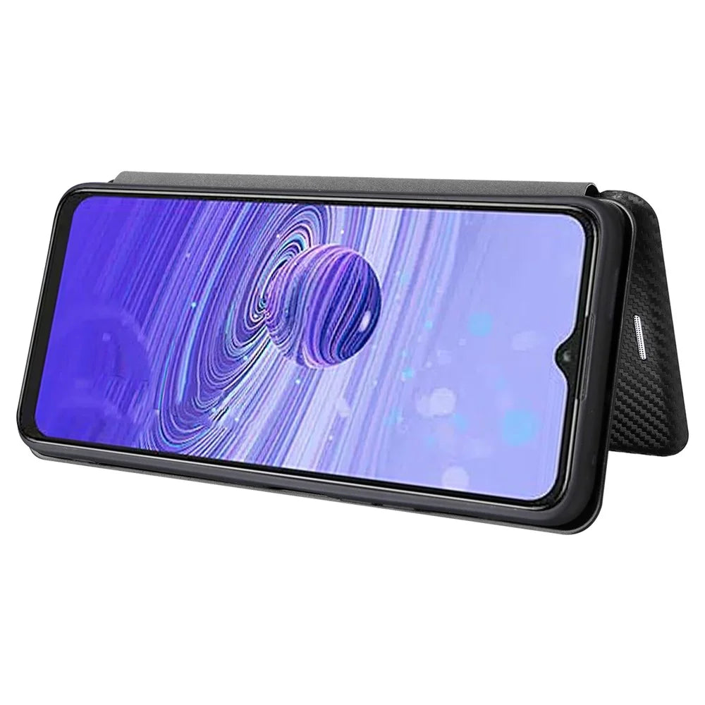 For TCL 40 SE Card Holder Carbon Fiber Texture PU Leather Case Magnetic Auto-absorbed Stand Cell Phone Cover - Black - 3