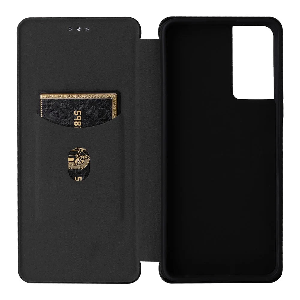 For TCL 40 SE Card Holder Carbon Fiber Texture PU Leather Case Magnetic Auto-absorbed Stand Cell Phone Cover - Black - 6