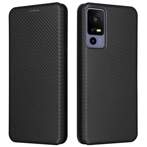 For TCL 40R 5G Magnetic Auto-absorbed Carbon Fiber Texture Phone Case Folio Flip PU Leather Stand Card Holder Cover - Black - 1