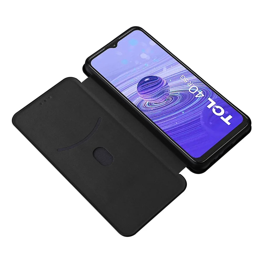 For TCL 40R 5G Magnetic Auto-absorbed Carbon Fiber Texture Phone Case Folio Flip PU Leather Stand Card Holder Cover - Black - 2