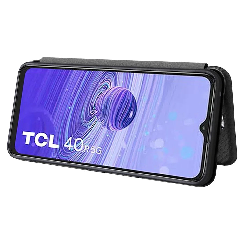 For TCL 40R 5G Magnetic Auto-absorbed Carbon Fiber Texture Phone Case Folio Flip PU Leather Stand Card Holder Cover - Black - 3