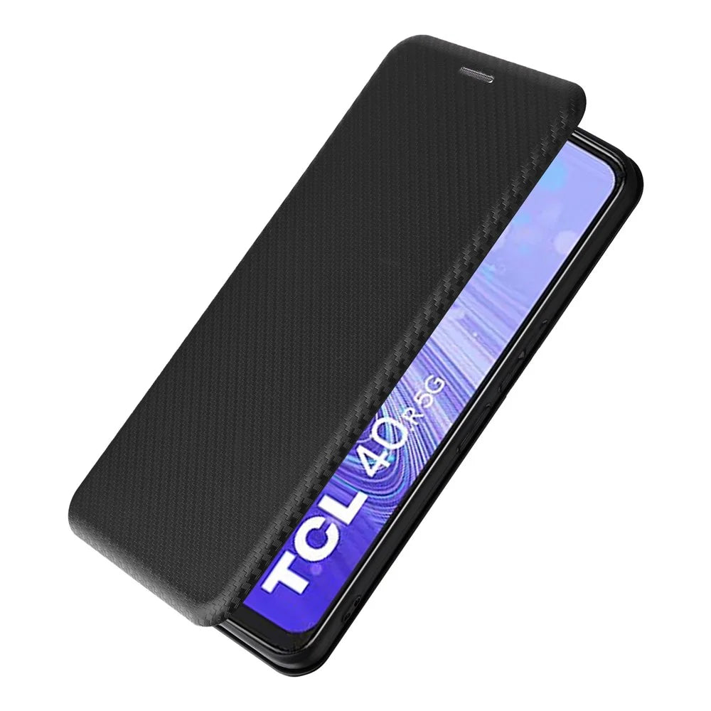 For TCL 40R 5G Magnetic Auto-absorbed Carbon Fiber Texture Phone Case Folio Flip PU Leather Stand Card Holder Cover - Black - 5