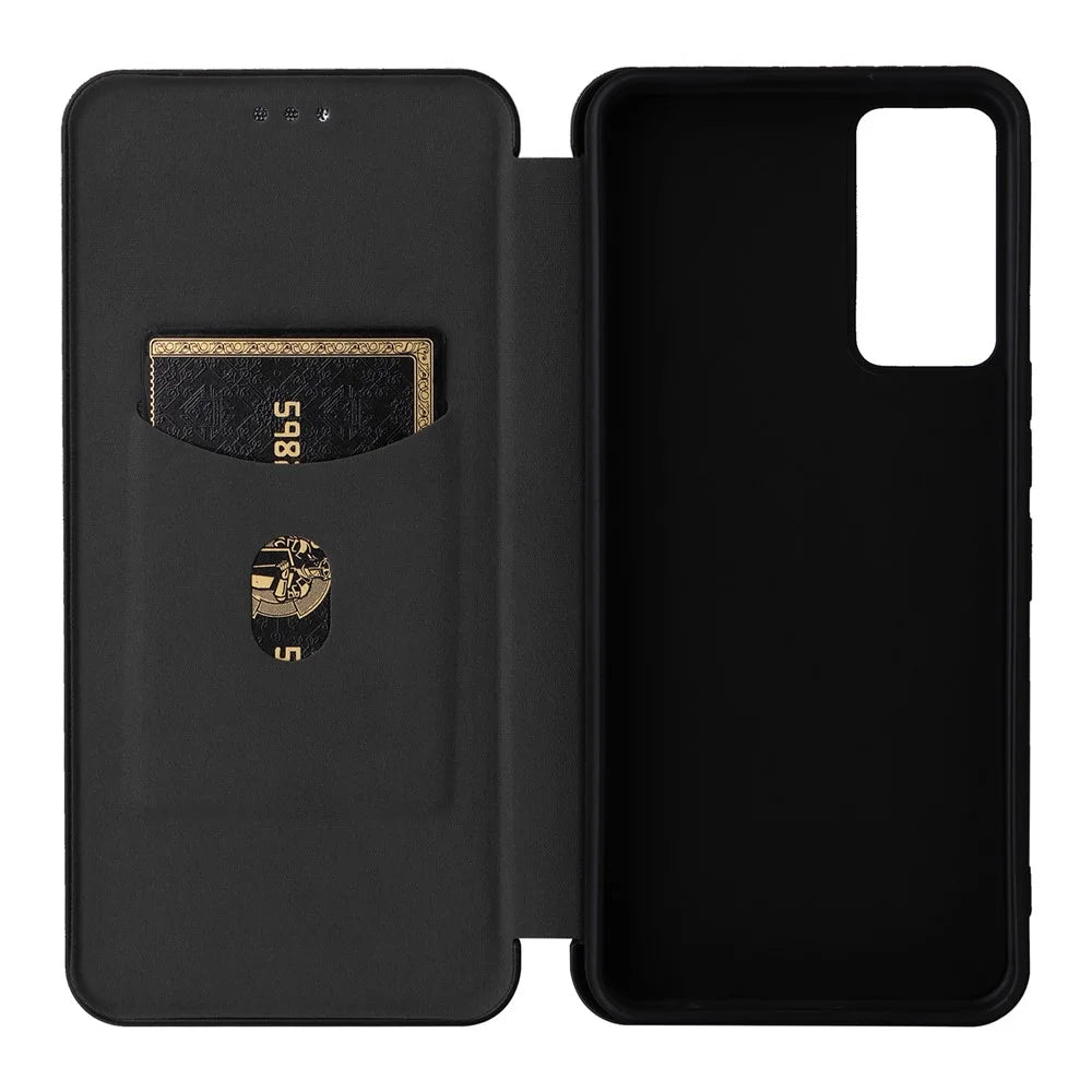 For TCL 40R 5G Magnetic Auto-absorbed Carbon Fiber Texture Phone Case Folio Flip PU Leather Stand Card Holder Cover - Black - 6