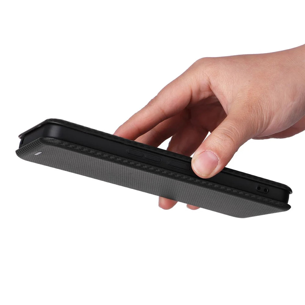 For TCL 40R 5G Magnetic Auto-absorbed Carbon Fiber Texture Phone Case Folio Flip PU Leather Stand Card Holder Cover - Black - 7