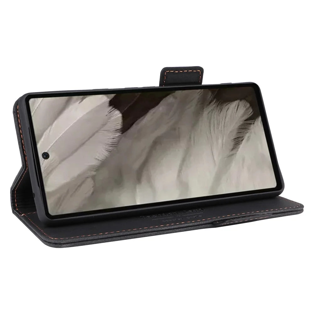 Scratch Proof Phone Cover for Google Pixel 7a, Hardware Decor Dual Magnetic Clasp Wallet Horizontal Stand PU Leather Phone Case - Black - 3