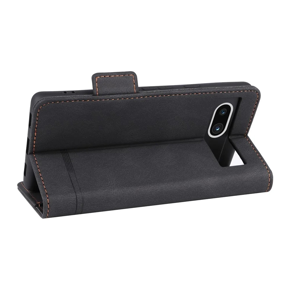 Scratch Proof Phone Cover for Google Pixel 7a, Hardware Decor Dual Magnetic Clasp Wallet Horizontal Stand PU Leather Phone Case - Black - 4