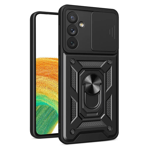 For Samsung Galaxy A34 5G Shockproof TPU+PC Case Ring Kickstand Slide Camera Protector Anti-Scratch Back Cover - Black - 1