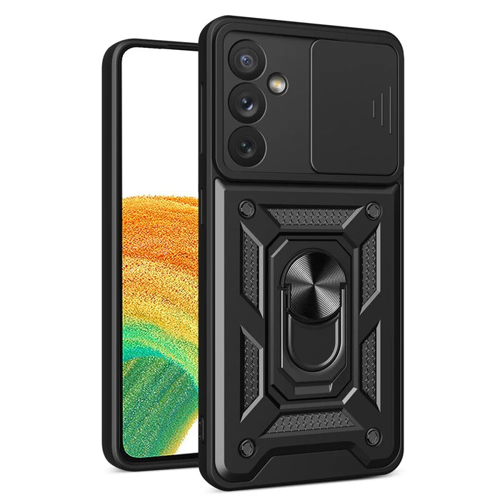 For Samsung Galaxy A34 5G Shockproof TPU+PC Case Ring Kickstand Slide Camera Protector Anti-Scratch Back Cover - Black - 1