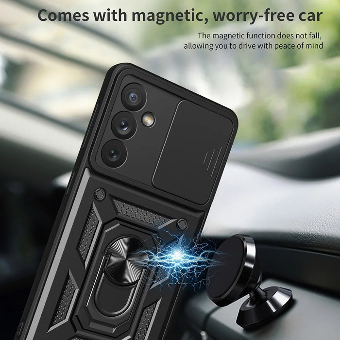 For Samsung Galaxy A34 5G Shockproof TPU+PC Case Ring Kickstand Slide Camera Protector Anti-Scratch Back Cover - Black - 3