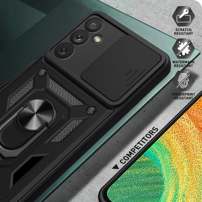 For Samsung Galaxy A34 5G Shockproof TPU+PC Case Ring Kickstand Slide Camera Protector Anti-Scratch Back Cover - Black - 4