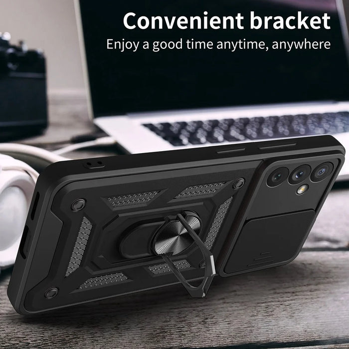 For Samsung Galaxy A34 5G Shockproof TPU+PC Case Ring Kickstand Slide Camera Protector Anti-Scratch Back Cover - Black - 6