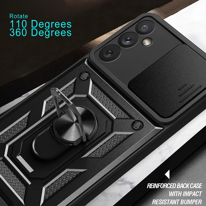 For Samsung Galaxy A34 5G Shockproof TPU+PC Case Ring Kickstand Slide Camera Protector Anti-Scratch Back Cover - Black - 7
