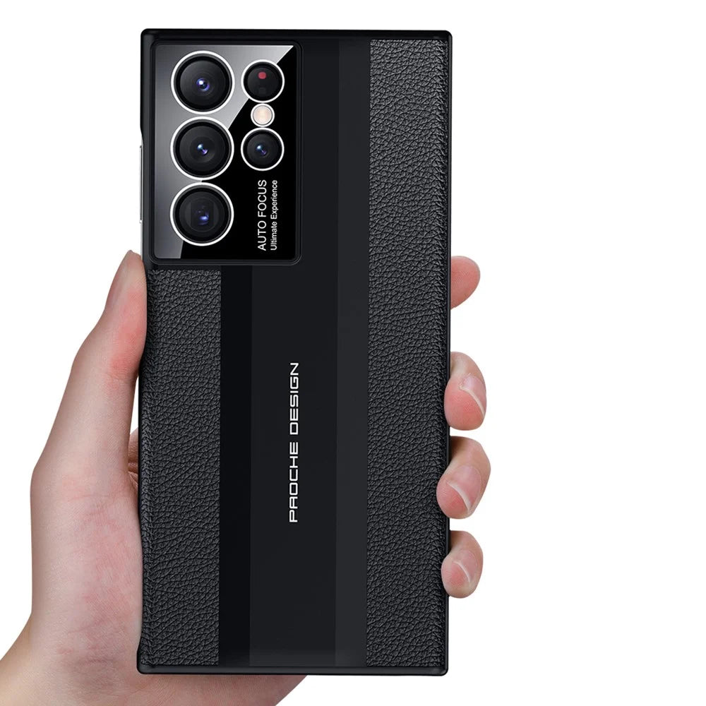 Anti-Drop Skin-Touch Phone Case for Samsung Galaxy S23 Ultra Protective Hard PC Case Genuine Leather Coated Phone Cover - Black - 2