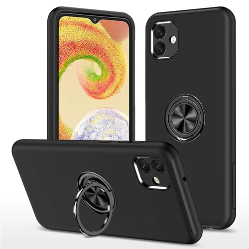 For Samsung Galaxy A04 4G (164.4 x 76.3 x 9.1 mm) Rotary Ring Kickstand Phone Case Hard PC+Soft TPU Anti-drop Cover - Black - 1