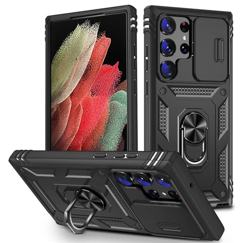 For Samsung Galaxy S23 Ultra Protective Phone Case with Ring Kickstand Card Holder Phone Back Cover with Sliding Camera Lid - Black - 1