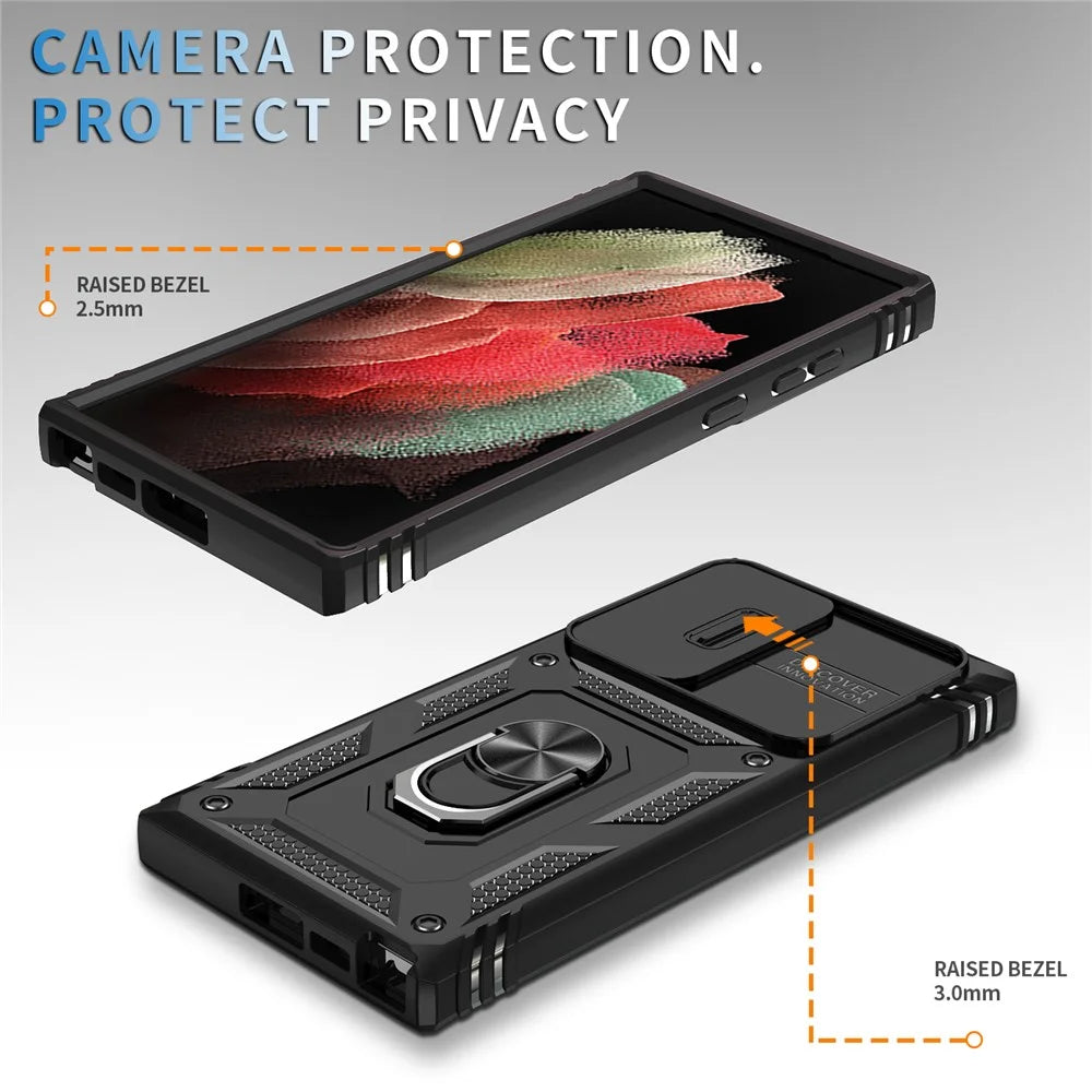 For Samsung Galaxy S23 Ultra Protective Phone Case with Ring Kickstand Card Holder Phone Back Cover with Sliding Camera Lid - Black - 2