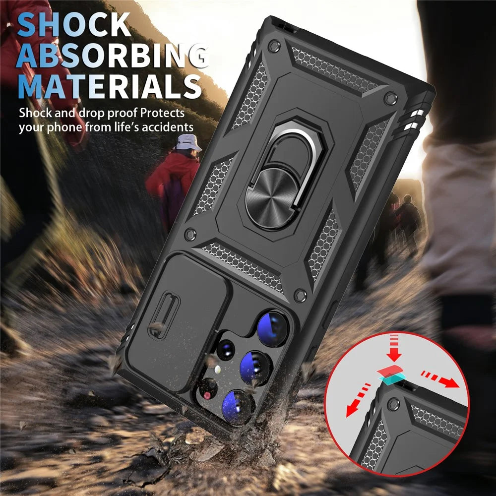 For Samsung Galaxy S23 Ultra Protective Phone Case with Ring Kickstand Card Holder Phone Back Cover with Sliding Camera Lid - Black - 3