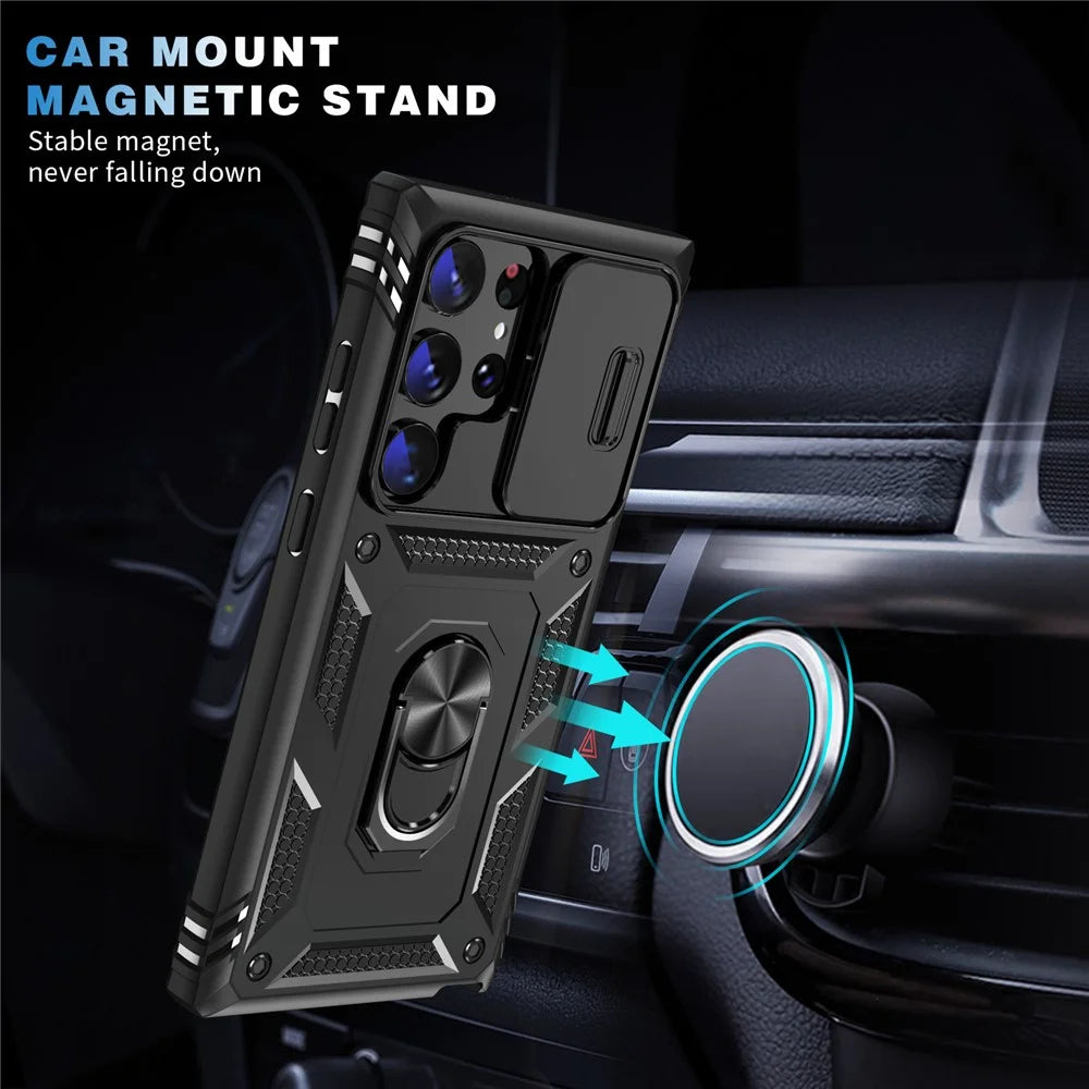 For Samsung Galaxy S23 Ultra Protective Phone Case with Ring Kickstand Card Holder Phone Back Cover with Sliding Camera Lid - Black - 4
