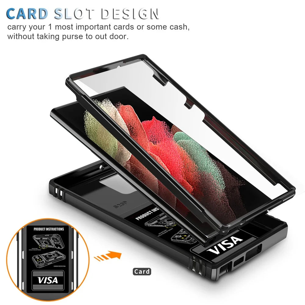 For Samsung Galaxy S23 Ultra Protective Phone Case with Ring Kickstand Card Holder Phone Back Cover with Sliding Camera Lid - Black - 5
