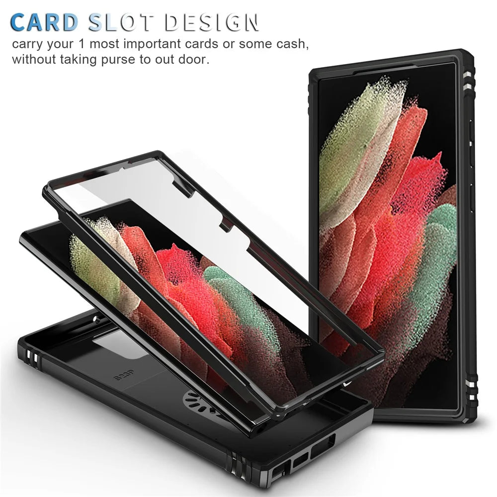 For Samsung Galaxy S23 Ultra Protective Phone Case with Ring Kickstand Card Holder Phone Back Cover with Sliding Camera Lid - Black - 6