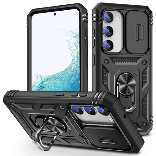 For Samsung Galaxy S23+ Anti-fall Phone Case with Ring Kickstand Card Holder Phone Back Cover with Sliding Camera Lid - Black - 1