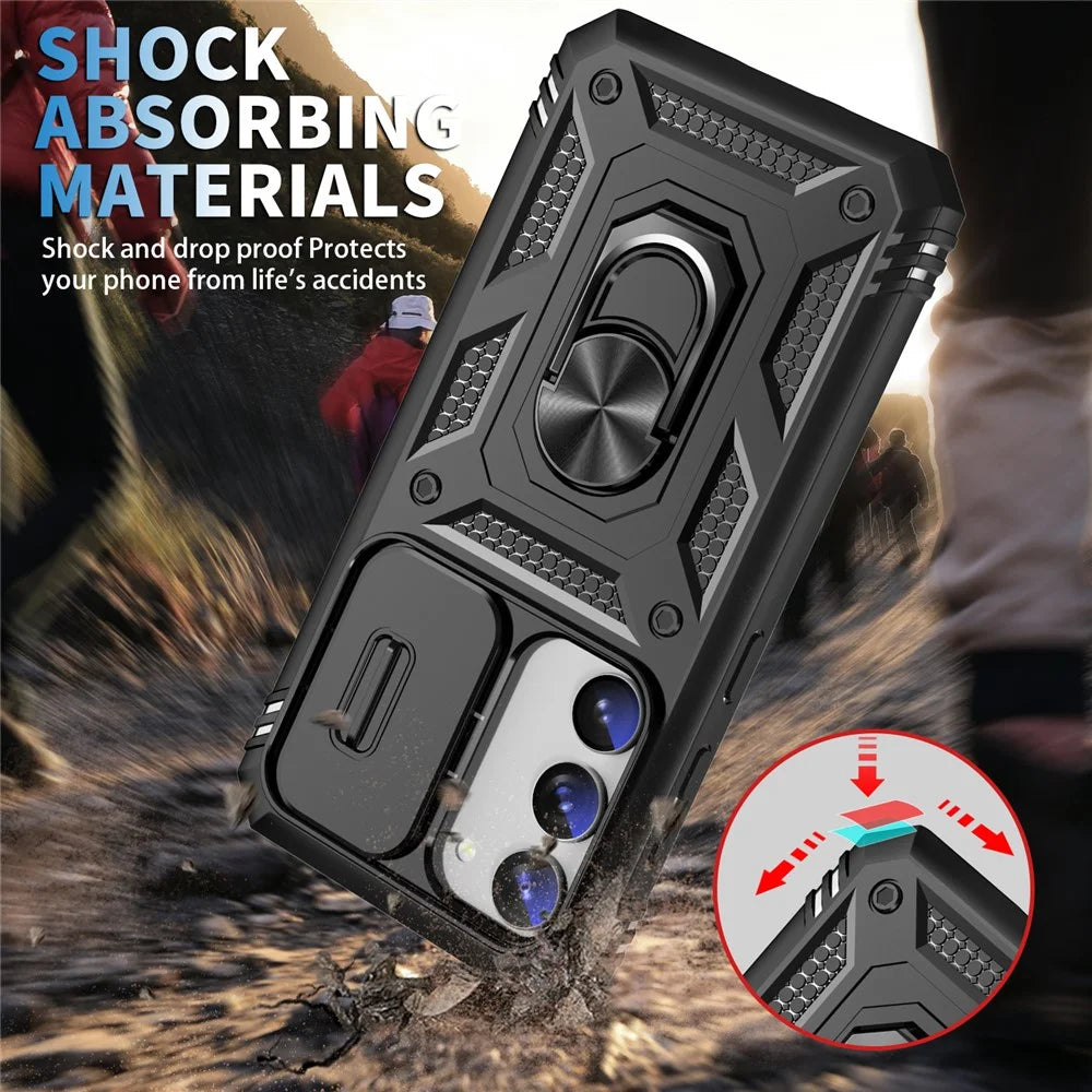 For Samsung Galaxy S23 Bump Proof Phone Case with Ring Kickstand Card Holder Phone Back Cover with Sliding Camera Lid - Black - 2