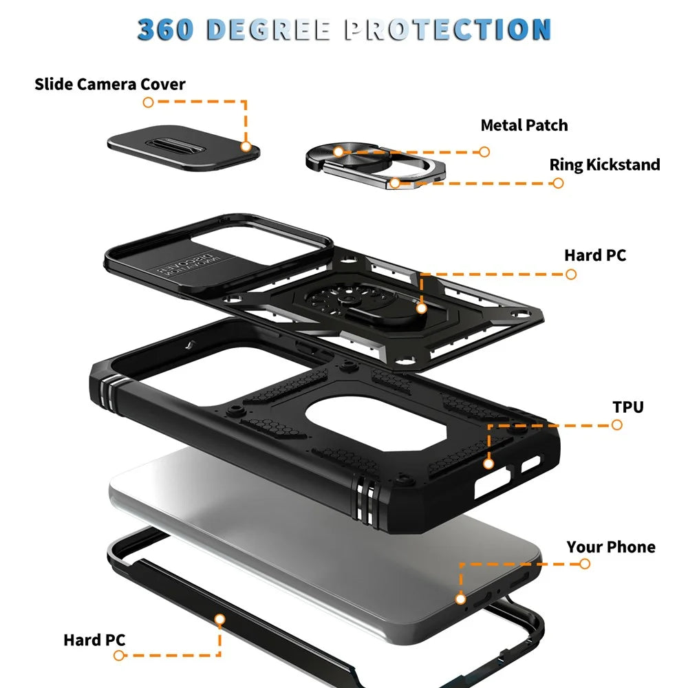 For Samsung Galaxy S23 Bump Proof Phone Case with Ring Kickstand Card Holder Phone Back Cover with Sliding Camera Lid - Black - 3
