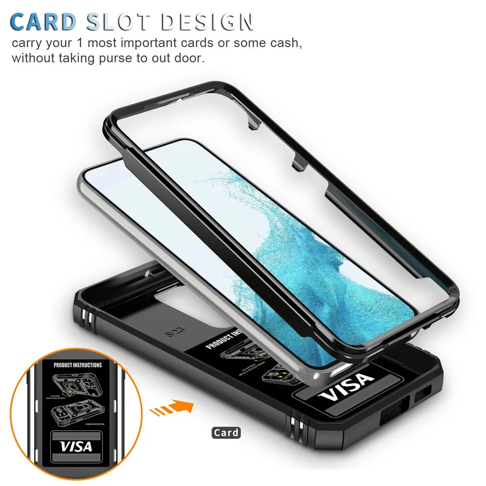 For Samsung Galaxy S23 Bump Proof Phone Case with Ring Kickstand Card Holder Phone Back Cover with Sliding Camera Lid - Black - 5