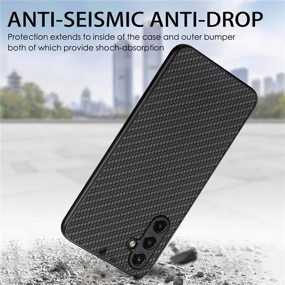 Anti-scratch Phone Case For Samsung Galaxy A14 5G / A14 4G Carbon Fiber Texture PU Leather Coated Soft TPU Anti-fall Phone Cover - Black - 6