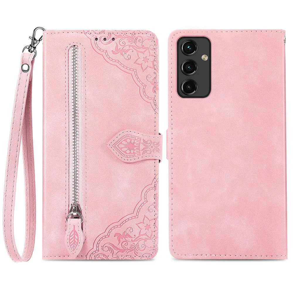 For Samsung Galaxy A14 5G / A14 4G Zipper Wallet Case with Strap Flower Imprint PU Leather Phone Cover - Pink - 1