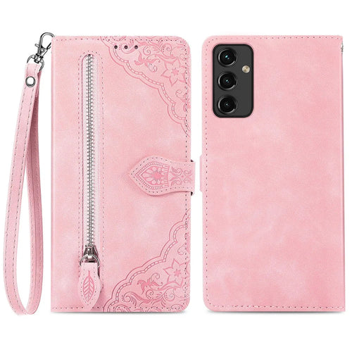 For Samsung Galaxy A14 5G / A14 4G Zipper Wallet Case with Strap Flower Imprint PU Leather Phone Cover - Pink - 1